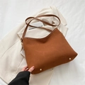 Caramel brown suede shoulder bag with gold rivets and smooth matte vintage texture - Brown