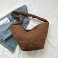 Brown quilted puffer bag with heart stitching and trendy knotted wide shoulder strap - Brown