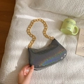 Iridescent silver sequin baguette bag with chunky gold chain handle for party wear - Black