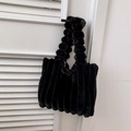 Black faux fur tote bag with vertical stripes and fluffy ball handle for autumn and winter - Black