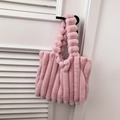 Chic light pink plush tote bag with vertical textures and unique spherical fuzzy handles - Pink