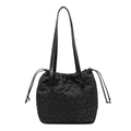 Black quilted nylon tote bag with large capacity and drawstring for daily commuting - Black