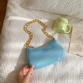 Iridescent light blue sequin baguette bag with a chunky gold chain strap for women - Blue