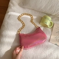 Pink holographic glitter crescent shoulder bag with a chunky gold chain strap - Rose Red