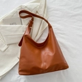 Minimalist brown faux leather large capacity tote bag with adjustable strap and stitching - Brown