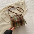 Retro checkered bucket bag in dark green and brown wool with leather drawstring - No Pendant / Green