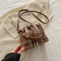 Brown and blue plaid tweed bucket bag with drawstring closure and leather handle - No Pendant / Brown