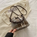 Gray and brown plaid drawstring bucket bag with woven handle and wool fabric - No Pendant / Gray