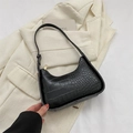 Classic black crocodile texture underarm bag with glossy finish and metal zipper - Black