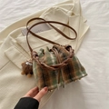 Chic green plaid wool bucket bag with brown leather strap and cute bear charm - With Ornament / Green