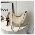 Minimalist beige PU leather tote bag with pleated texture and cute rabbit charm detail - White With Pendant