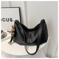 Minimalist black PU leather tote bag with vintage wrinkled texture and cute rabbit charm - Black With Pendant