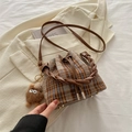 Vintage blue-brown plaid bucket bag with braided leather handle and shoulder strap - With Ornament / Brown