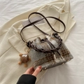 Minimalist vintage plaid plush bucket bag with brown woven handle and teddy charm - With Ornament / Gray