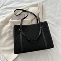 Schicke schwarze Stepp-Tote mit goldenen Ringen präsentiert auf einem beigen Blazer - Schwarz