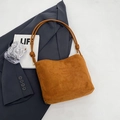 Caramel brown suede shoulder bag with 'Fashion and Sunday' embossed text and dual straps - Matte Brown