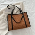 Brown large capacity tote bag with quilted diamond pattern and black leather handles - Brown