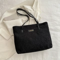 Large black plush lamb wool tote bag with fashion tag and durable synthetic leather straps - No Pendant / Black