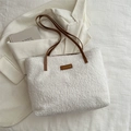 Chic off-white faux shearling tote bag with brown leather handles and fashion patch - No Pendant / White