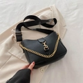 Retro black crossbody bag with adjustable wide strap and gold chain detail - Black