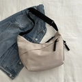 Beige minimalist canvas half-moon crossbody bag with adjustable black wide strap - Khaki