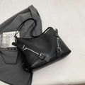 Minimalist black PU leather tote bag with decorative silver zippers and sleek shoulder strap - Black