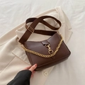 Vintage dark brown crossbody bag with gold chain strap and stylish wide fabric belt - Brown