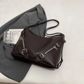 Vintage dark brown tote bag with leather texture and decorative zipper straps - Coffee