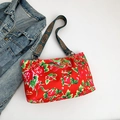 Red tote bag with traditional floral dragon patterns and woven shoulder strap - Red