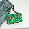 Green floral tote bag with ethnic pattern embroidery strap and red blossom prints - Green