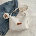 White corduroy crossbody tote bag with removable small round coin purse charm - White