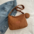 Brown corduroy tote bag for women with small round pouch and fashion label detail - Brown