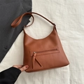 Brown litchi grain leather hobo shoulder bag with zipper pocket and long tassels - Brown