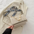 Off-white woven crossbody bag with floral embroidery and white acrylic chain strap - Khaki