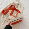 Chic orange and straw woven crossbody bag with floral embroidery and LOVE fabric strap - Orange