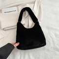 Chic black plush faux fur hobo shoulder bag with soft texture and wide strap - Black