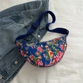 Blue crescent crossbody bag featuring traditional red peony and phoenix patterns - Blue