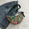 Floral print half-moon crossbody bag in dark green fabric with adjustable strap - Green