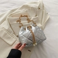 Silver quilted bucket bag with golden chain strap and decorative pearls for women - Silver