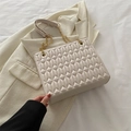 Quilted cream white tote bag with gold chain straps and elegant diamond pattern - White