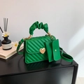 Green pleated handbag with heart-shaped gold lock and matching small coin purse - Green