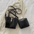 Schickes schwarzes Beuteltaschen-Set mit Litschi-Textur und goldenen Beschlägen - Schwarz