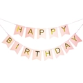 Pancarta Happy Birthday rosa y oro con letras de lámina para decoración de cumpleaños - Feliz Cumpleaños Pancarta Rosa Con Forma De Mariposa Cola De Golondrina En Lámina Dorada.