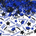 Close-up of sparkling blue and black graduation table confetti with glitter graduation caps - Blue & Black Mix (2023)