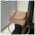 Detail of beige faux leather crossbody bag with embossed logo and golden metal buckle - Khaki