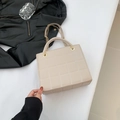 Beige quilted square handbag with gold chain strap and elegant white stitching - Khaki