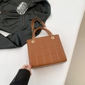 Quilted caramel brown chain square bag with elegant gold hardware and leather handle - Brown