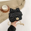 Mini black tweed crossbody bag with colorful thread accents and gold chain strap - Black