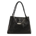 Bolso tote acolchado negro con cadena de perlas y asas trenzadas de diseño moderno - Negro