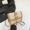 Sac bandoulière chic en paille beige avec bordure cuir marron et boucle H dorée - Kaki